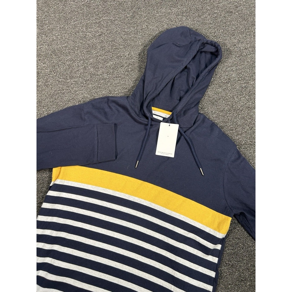 New Denim & Flower Ricky Singh Hoodie Men's Large Blue Yellow Stripes Drawstring